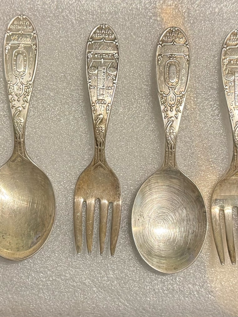2 Sets Vintage Birth Record Fork & Spoon. Engraved with names